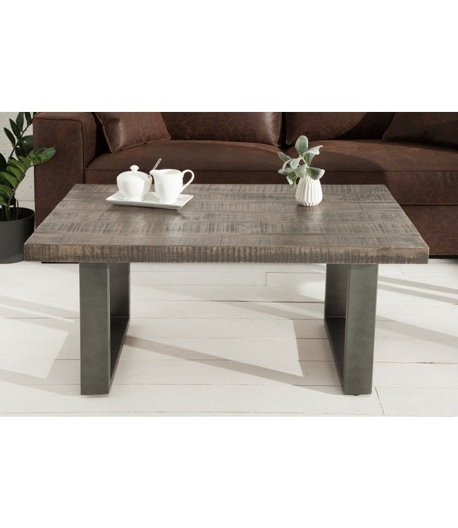 Invicta Interior Design salontafel IRON CRAFT 100cm mangohout grijs industrieel design massief ijzeren sledeframe - 38661