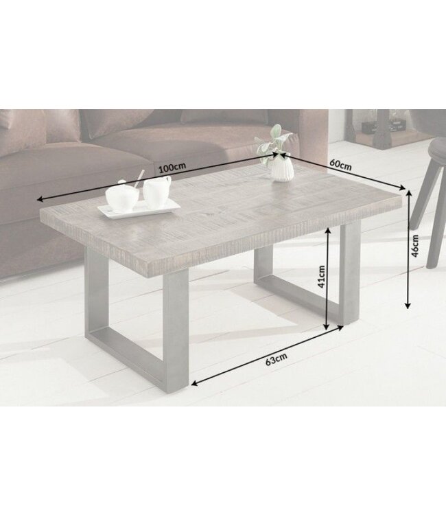 Invicta Interior Design salontafel IRON CRAFT 100cm mangohout grijs industrieel design massief ijzeren sledeframe - 38661