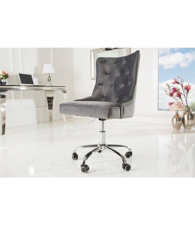 Invicta Interior In hoogte verstelbare bureaustoel VICTORIAN zilvergrijs fluweel met Chesterfield-stiksel - 38791