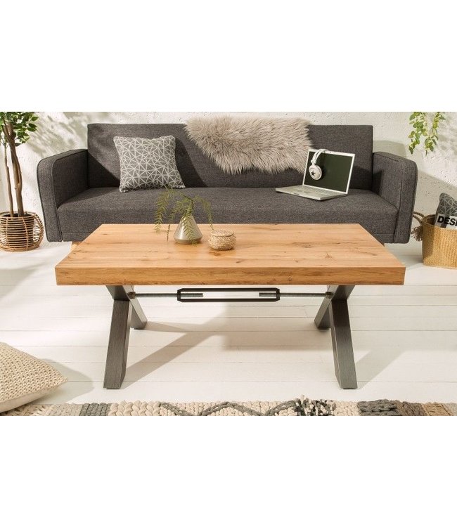 Invicta Interior Massief houten salontafel THOR 110cm wild eiken geolied X-frame metaal antraciet industrieel design - 38808