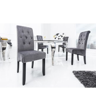 Invicta Interior Design stoel CASA grijs fluweel met decoratieve knopen massief houten poten - 38979