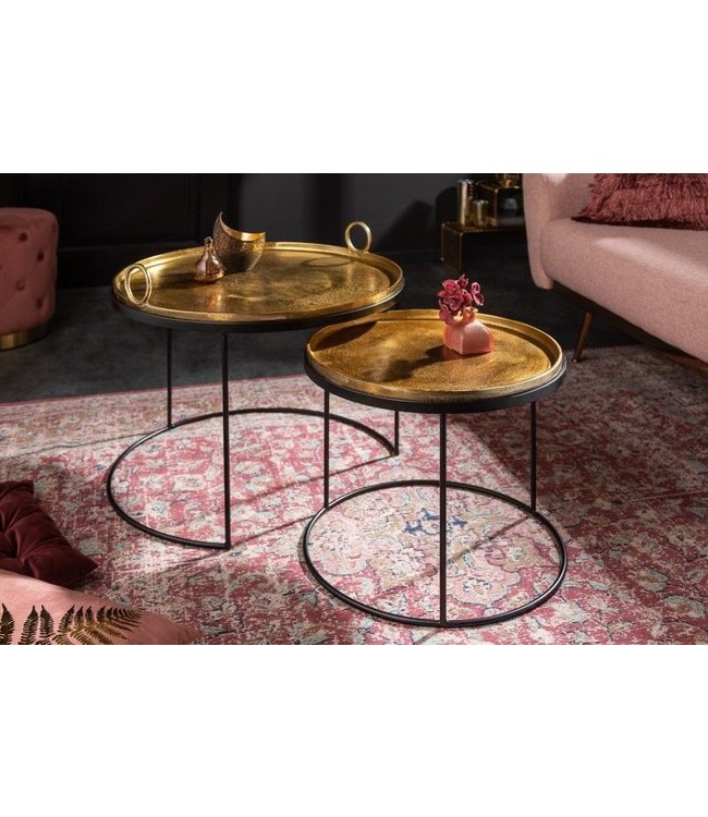 Invicta Interior Set van 2 ronde salontafels ELEMENTS 65cm goud zwart metalen dienblad tafel bijzettafel - 39088