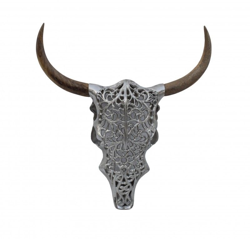 Extravagante wanddecoratie EXOTIC BULL 57cm zilveren mangohouten stierenkop - 39091