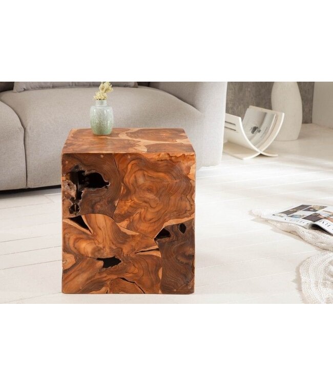 Invicta Interior Massieve bijzettafel SQUARE 40cm teakhouten kubuskruk - 39226