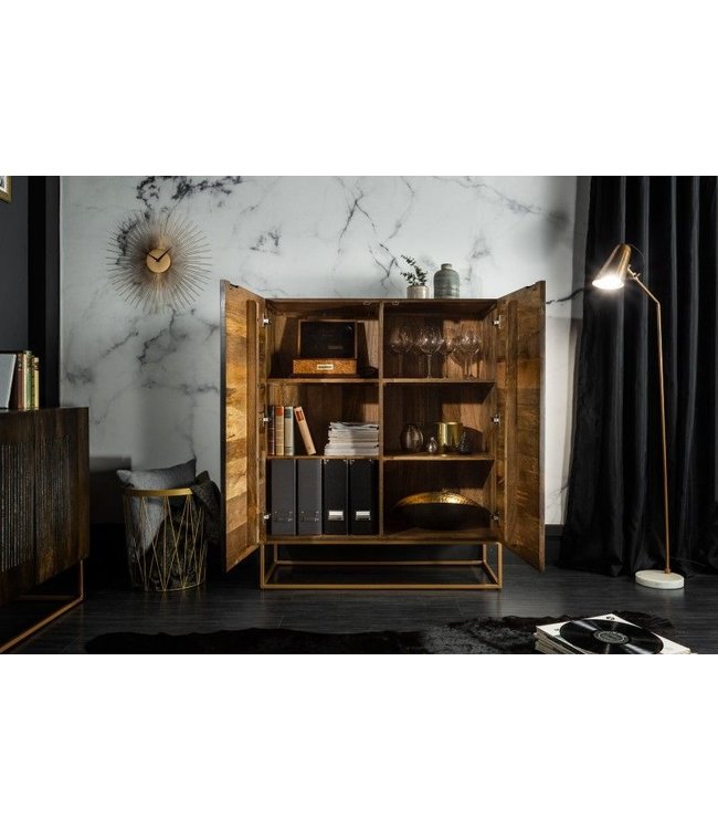 Invicta Interior Massief dressoir ONYX 120 cm donkerbruin mangohout edelsteen agaat goud metalen frame - 39231