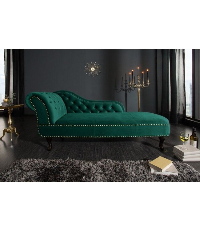 Invicta Interior Design chaise longue CHESTERFIELD 170 cm smaragdgroen fluwelen knoopsluiting klinknagels - 39429