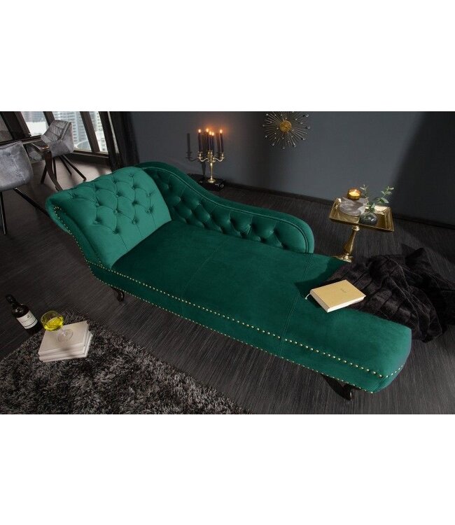Invicta Interior Design chaise longue CHESTERFIELD 170 cm smaragdgroen fluwelen knoopsluiting klinknagels - 39429