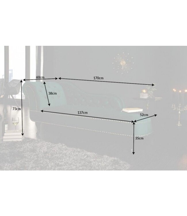 Invicta Interior Design chaise longue CHESTERFIELD 170 cm smaragdgroen fluwelen knoopsluiting klinknagels - 39429