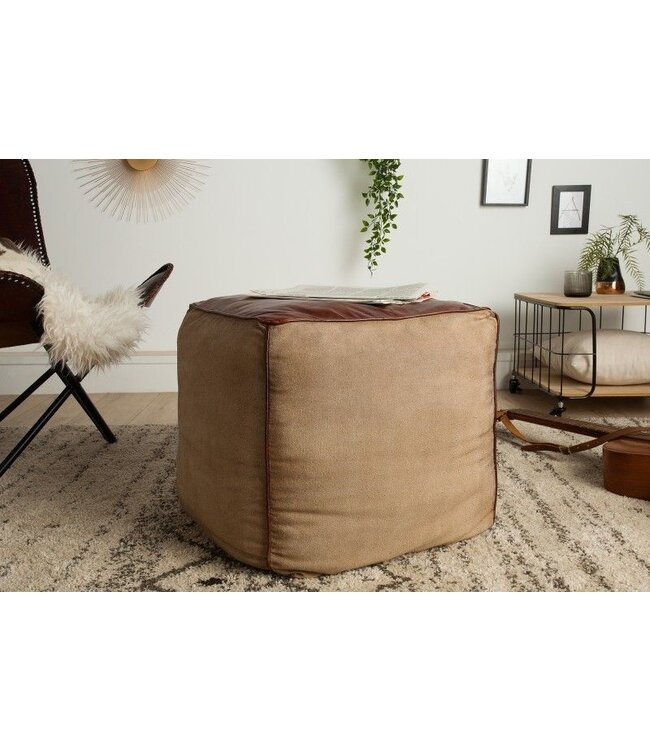 Invicta Interior Retro poef MUSTANG lederen bekleding 45cm met linnen zitkubus - 39525
