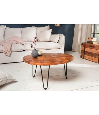 Invicta Interior Ronde massief houten salontafel MOSAIK 70cm natuurlijk teakhout haarspeldpoten zwart metaal handgemaakt - 39540