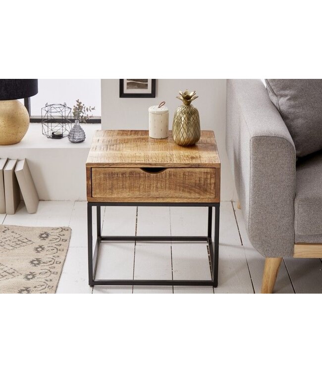 Invicta Interior Industrieel nachtkastje IRON CRAFT 45cm mangohout met lade bijzettafel - 39589