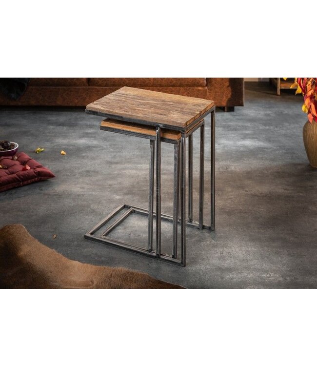 Invicta Interior industrieele set van 2 bijzettafels BARRACUDA 45cm Salholz met gebogen poten - 39593