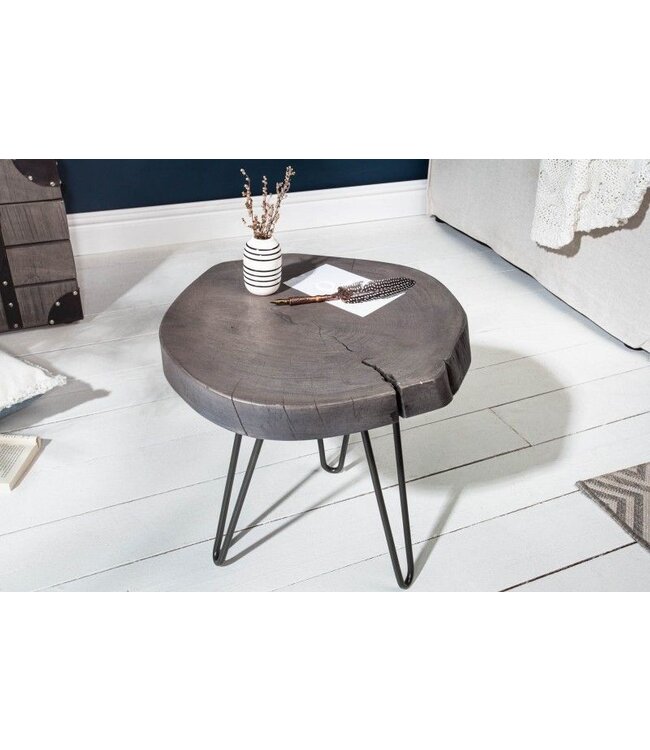 Invicta Interior Ronde bijzettafel GOA 45cm grijs massief acaciahout boomschijf kruk haarspeldpoten metaal - 39597