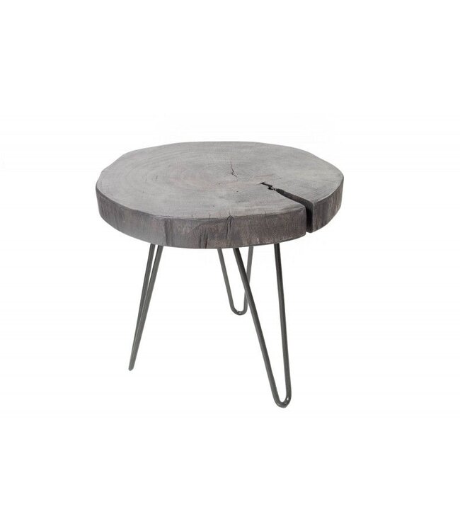 Invicta Interior Ronde bijzettafel GOA 45cm grijs massief acaciahout boomschijf kruk haarspeldpoten metaal - 39597