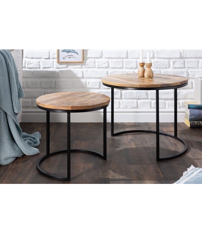 Invicta Interior industrieele set van 2 bijzettafels ELEMENTS 60cm massief mangohout rond zwart metalen frame - 39656