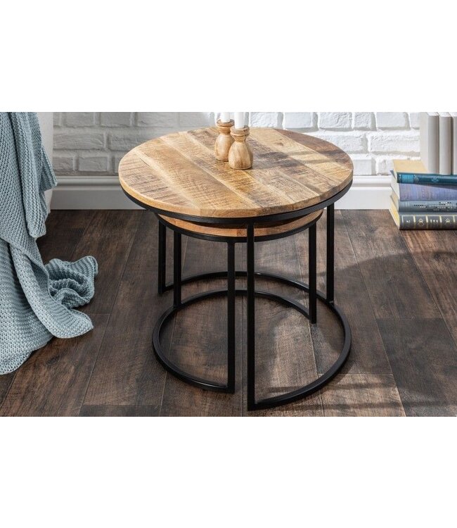 Invicta Interior industrieele set van 2 bijzettafels ELEMENTS 60cm massief mangohout rond zwart metalen frame - 39656