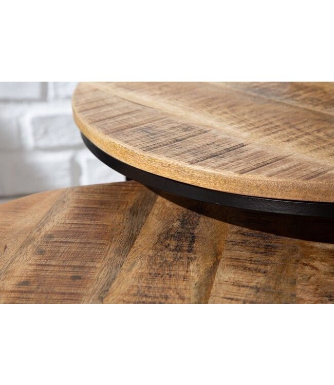 Invicta Interior industrieele set van 2 bijzettafels ELEMENTS 60cm massief mangohout rond zwart metalen frame - 39656
