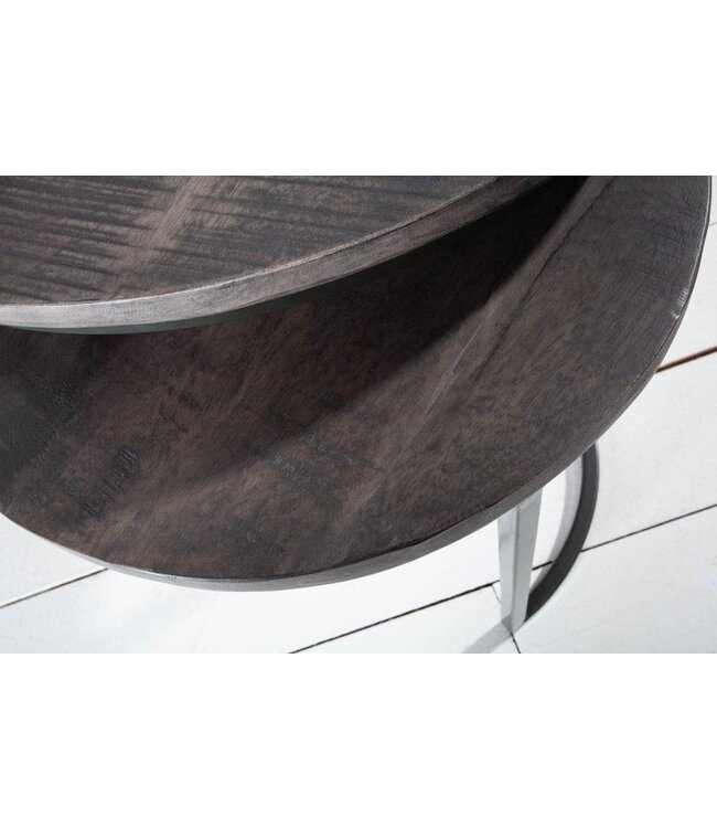 Invicta Interior industrieele set van 2 bijzettafels ELEMENTS 60cm grijs massief mangohout rond zwart metaal - 39657