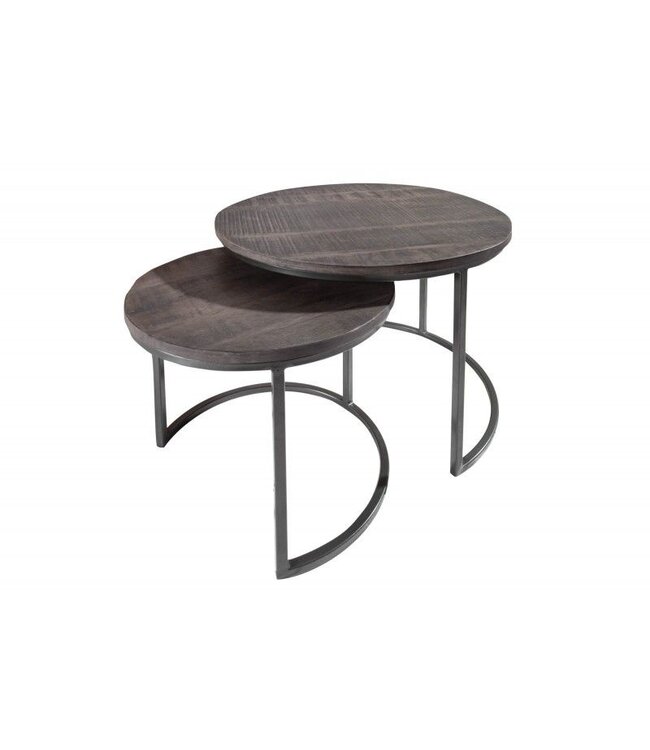 Invicta Interior industrieele set van 2 bijzettafels ELEMENTS 60cm grijs massief mangohout rond zwart metaal - 39657