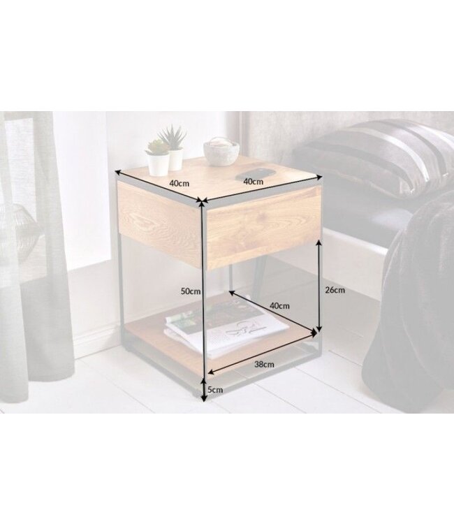 Invicta Interior industrieele bijzettafel SCORPION 40cm wild eiken nachtkastje met lade - 39709