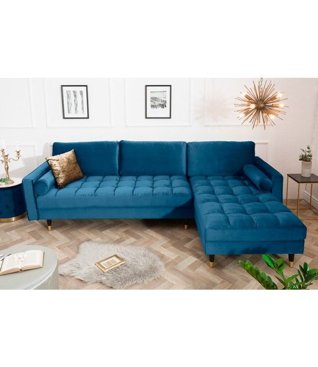 Invicta Interior Elegante hoekbank COSY VELVET 3-zitsbank met blauwe petrol fluwelen veerkern - 39847