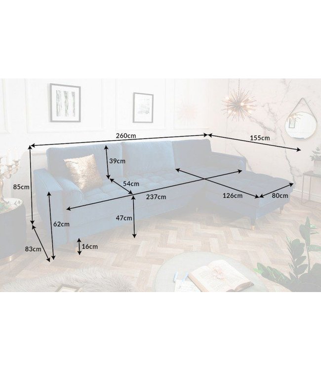 Invicta Interior Elegante hoekbank COSY VELVET 3-zitsbank met blauwe petrol fluwelen veerkern - 39847