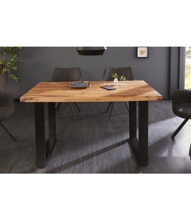 Invicta Interior Massief houten eettafel IRON CRAFT 120 cm natuurlijke Sheesham steenafwerking zwarte metalen poten loper - 39866