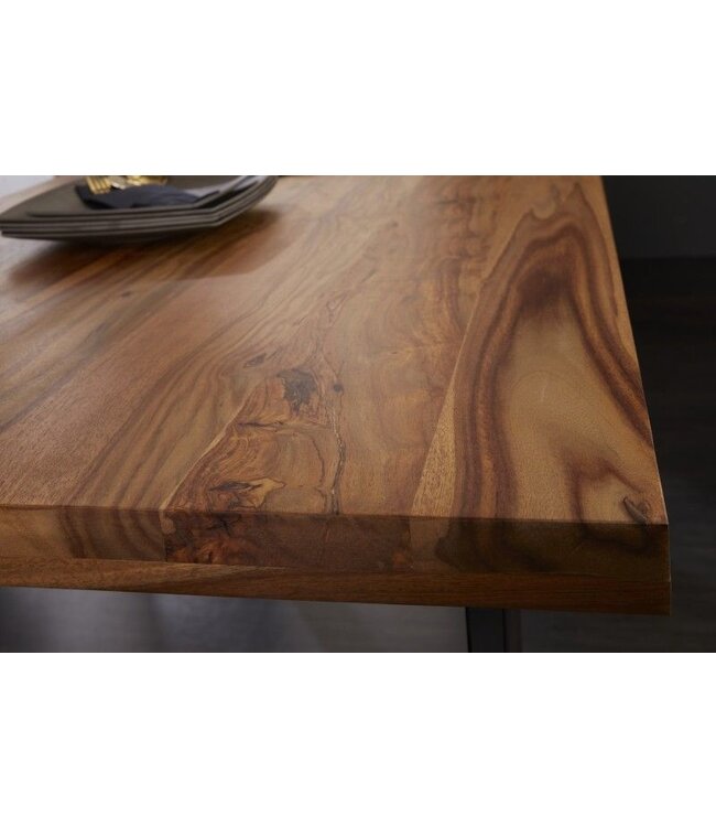 Invicta Interior Massief houten eettafel IRON CRAFT 120 cm natuurlijke Sheesham steenafwerking zwarte metalen poten loper - 39866