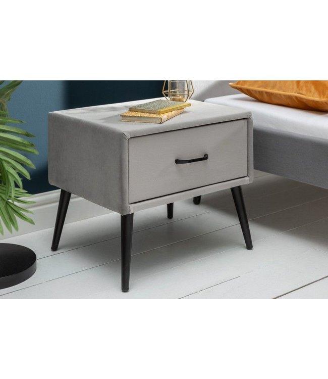 Invicta Interior Retro nachtkastje FAMOUS 45cm zilvergrijs fluweel met lade - 40032