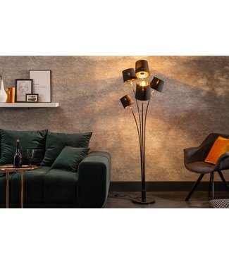 Invicta Interior Design vloerlamp LEVELS 176cm met 5 linnen kappen zwart goud vloerlamp - 40038