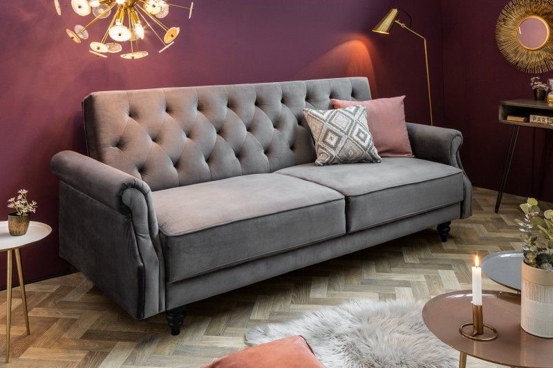 Chesterfield 3-zitsbank MAISON BELLE AFFAIRE 220cm grijs fluweel 3-zits met slaapfunctie - 40083