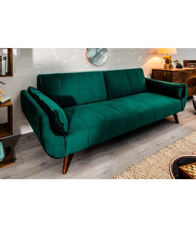 Invicta Interior Retro slaapbank DIVANI 220cm smaragdgroen fluweel 3-zitsbank met bedfunctie - 40089