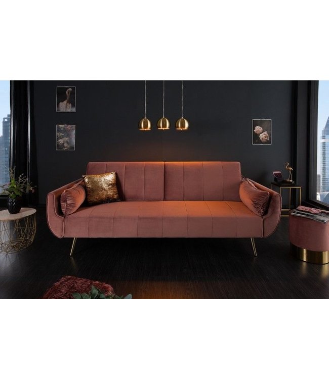 Invicta Interior Retro slaapbank DIVANI 220cm oudroze fluweel gouden poten bedfunctie 3-zitsbank - 40091