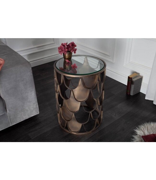 Invicta Interior industrieele bijzettafel ABSTRACT 55cm antiek messing metaal visschub design rond glas - 40111