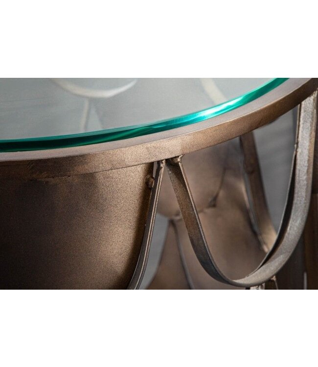 Invicta Interior industrieele bijzettafel ABSTRACT 55cm antiek messing metaal visschub design rond glas - 40111