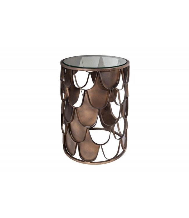 Invicta Interior industrieele bijzettafel ABSTRACT 55cm antiek messing metaal visschub design rond glas - 40111