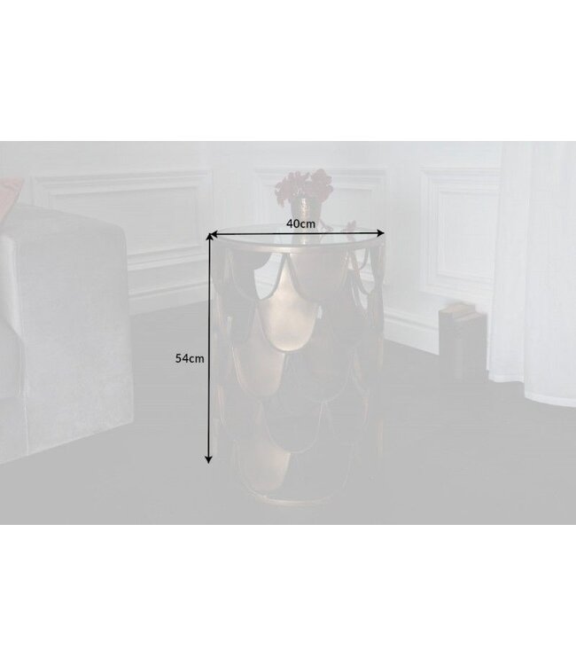 Invicta Interior industrieele bijzettafel ABSTRACT 55cm antiek messing metaal visschub design rond glas - 40111