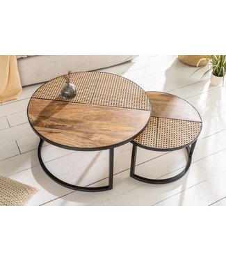 Invicta Interior Set van 2 salontafels VIENNA LOUNGE 70cm rond massief mangohout Weens rieten metalen frame zwart - 40135