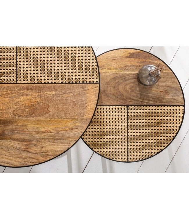 Invicta Interior Set van 2 salontafels VIENNA LOUNGE 70cm rond massief mangohout Weens rieten metalen frame zwart - 40135