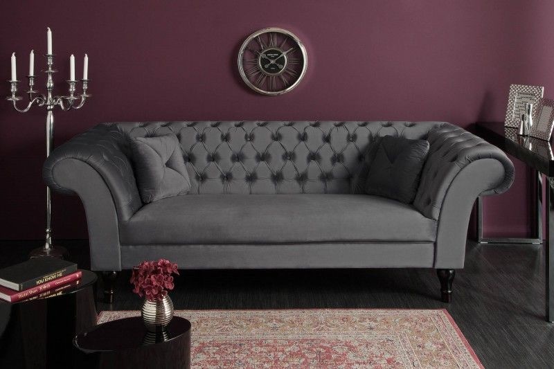 Chesterfield Design 3-zits loungebank PARIS 225cm zilvergrijs fluweel 3-zits inclusief kussens - 40148