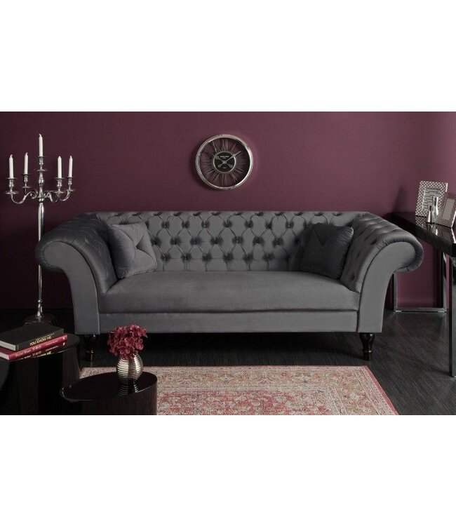 Invicta Interior Chesterfield Design 3-zits loungebank PARIS 225cm zilvergrijs fluweel 3-zits inclusief kussens - 40148