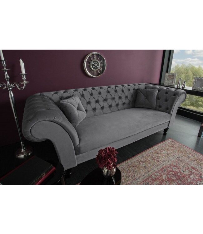 Invicta Interior Chesterfield Design 3-zits loungebank PARIS 225cm zilvergrijs fluweel 3-zits inclusief kussens - 40148
