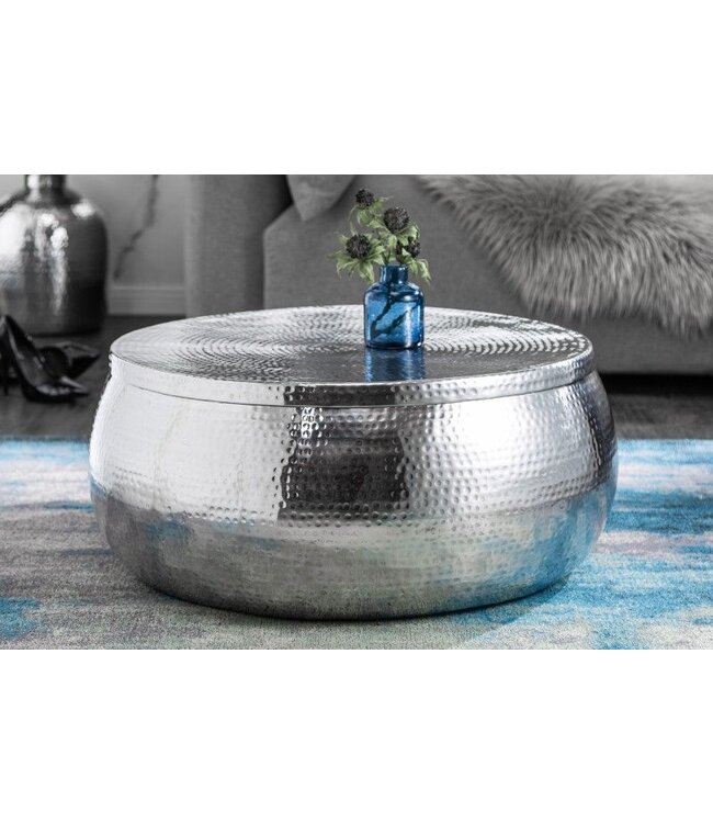 Invicta Interior Ronde salontafel ORIENT STORAGE 70cm zilver metaal met opbergruimte gehamerd ontwerp handgemaakt - 40232