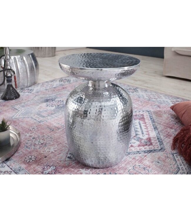 Invicta Interior Handgemaakte bijzettafel ORIENT 40cm zilver metaal gehamerd design rond - 40235