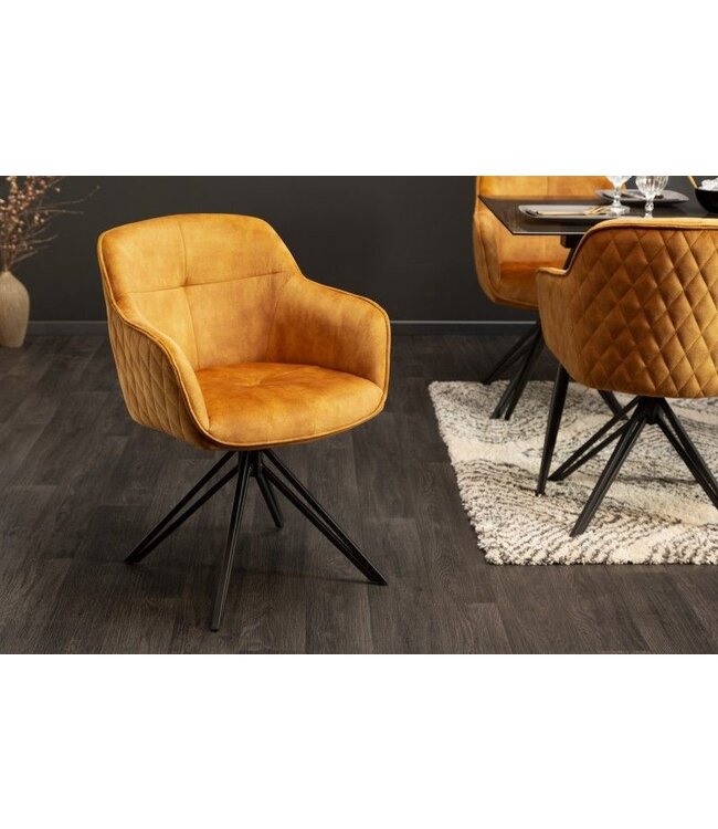 Invicta Interior Draaidesign stoel EUPHORIA mosterdgeel fluweel met armleuning metalen frame zwart - 40260