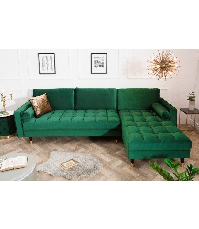 Invicta Interior Elegante hoekbank COSY VELVET 260cm smaragdgroene fluwelen veerkern 3-zitsbank - 40274