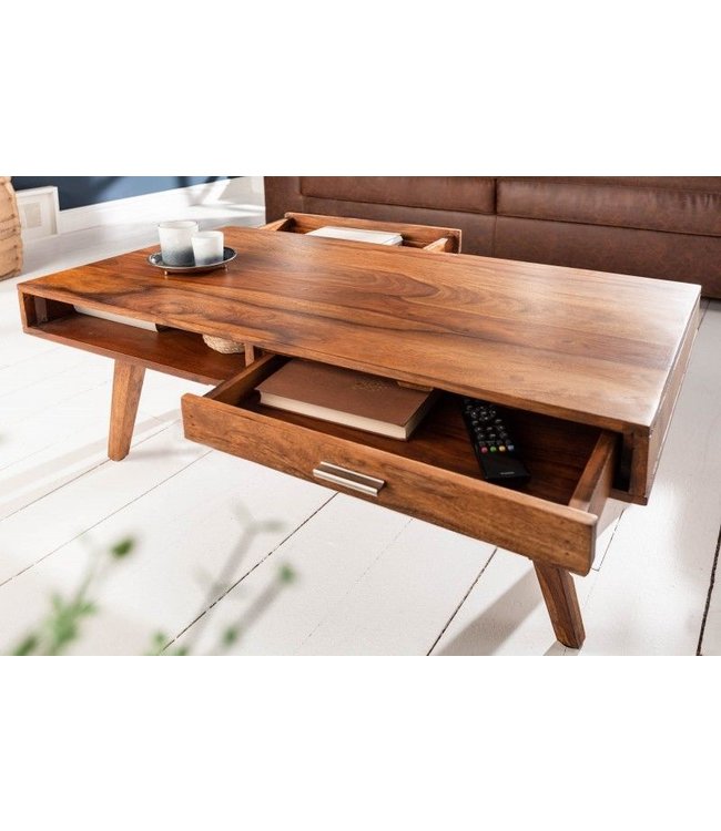 Invicta Interior Handgemaakte salontafel RETRO 100cm massief sheeshamhout met lades - 40278