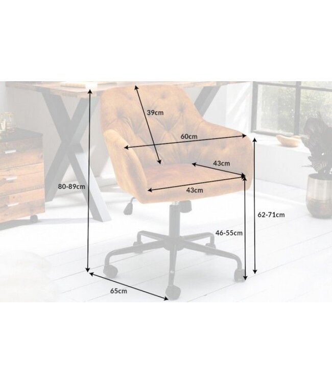 Invicta Interior In hoogte verstelbare bureaustoel DUTCH COMFORT mosterdgeel fluweel met quilting - 40303