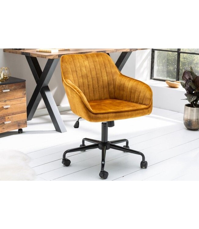 Invicta Interior In hoogte verstelbare bureaustoel TURIN mosterdgeel fluweel met armleuning draaistoel - 40306
