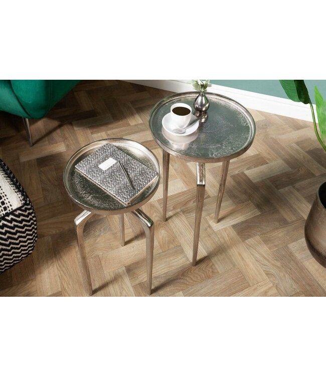Invicta Interior Set van 2 bijzettafels ABSTRACT 60cm zilverkleurig metaal rond shabby chic design - 40358